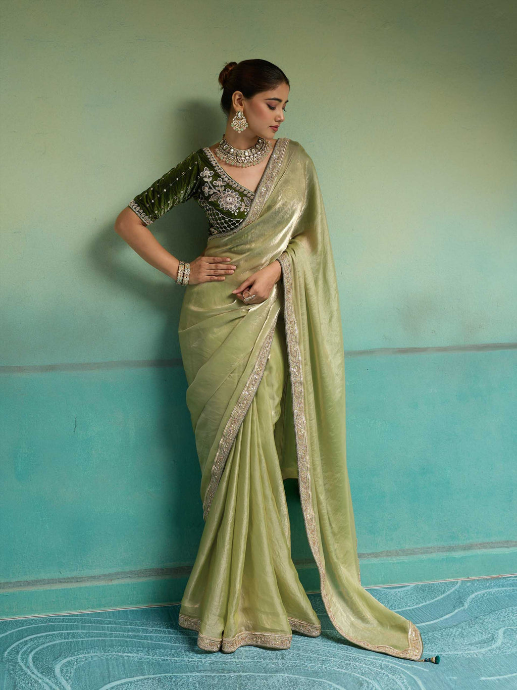 Nayoora Olive Green Velvet Satin Embroidered Designer Saree