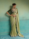Nayoora Olive Green Velvet Satin Embroidered Designer Saree