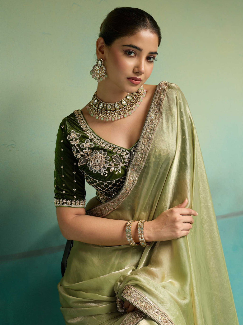 Nayoora Olive Green Velvet Satin Embroidered Designer Saree
