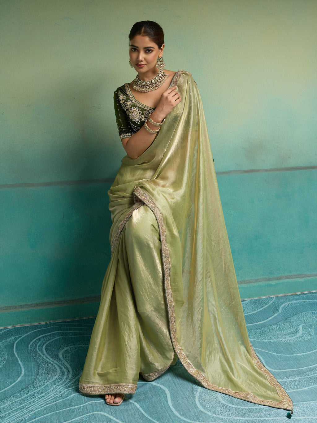 Nayoora Olive Green Velvet Satin Embroidered Designer Saree