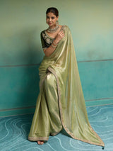 Nayoora Olive Green Velvet Satin Embroidered Designer Saree
