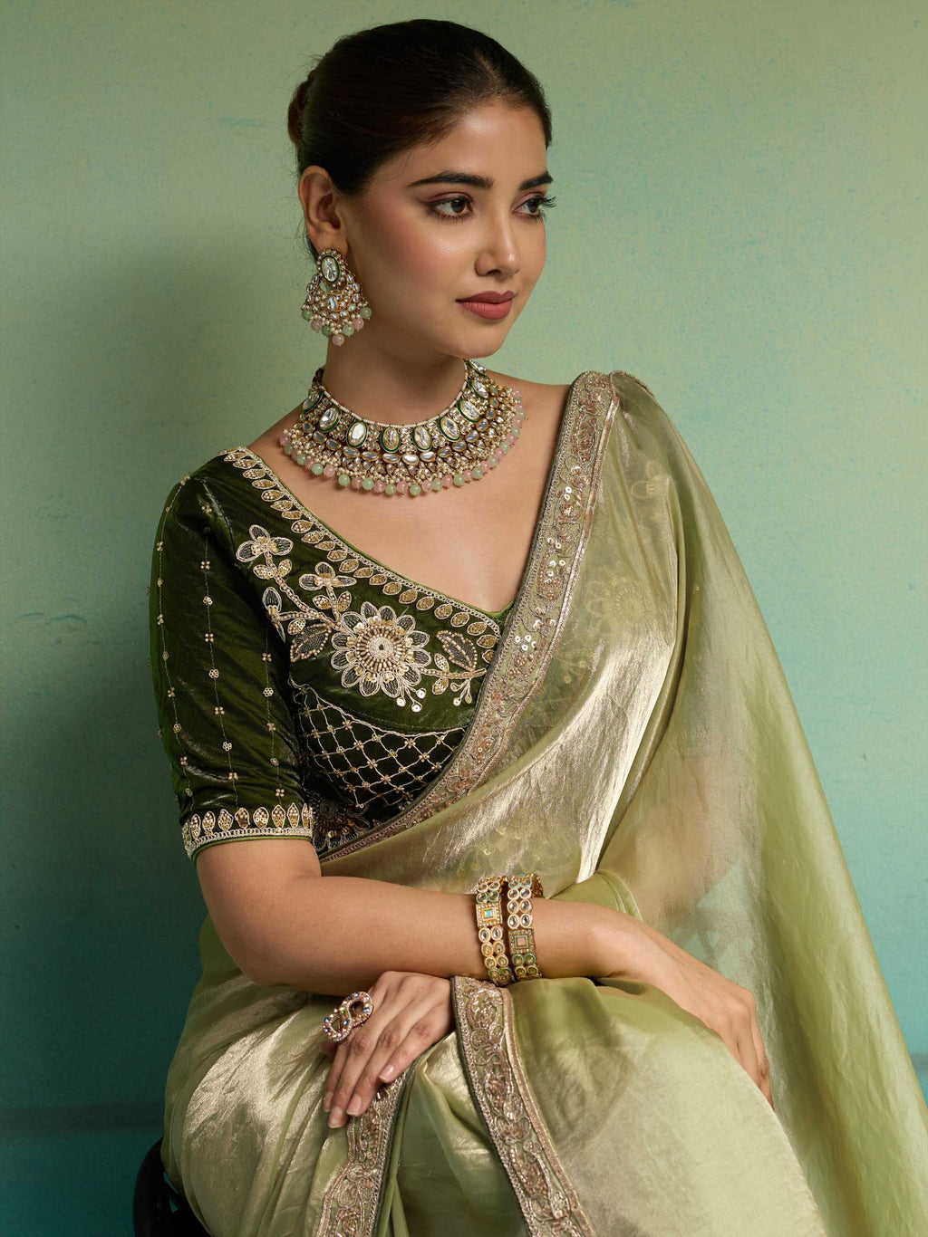Nayoora Olive Green Velvet Satin Embroidered Designer Saree