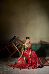 Nayoora Ruby Red Khaddi Georgette Hand-Dyed Meenakari Saree