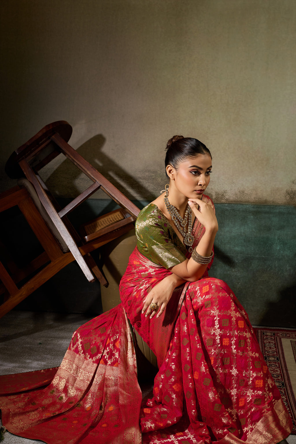 Nayoora Ruby Red Khaddi Georgette Hand-Dyed Meenakari Saree