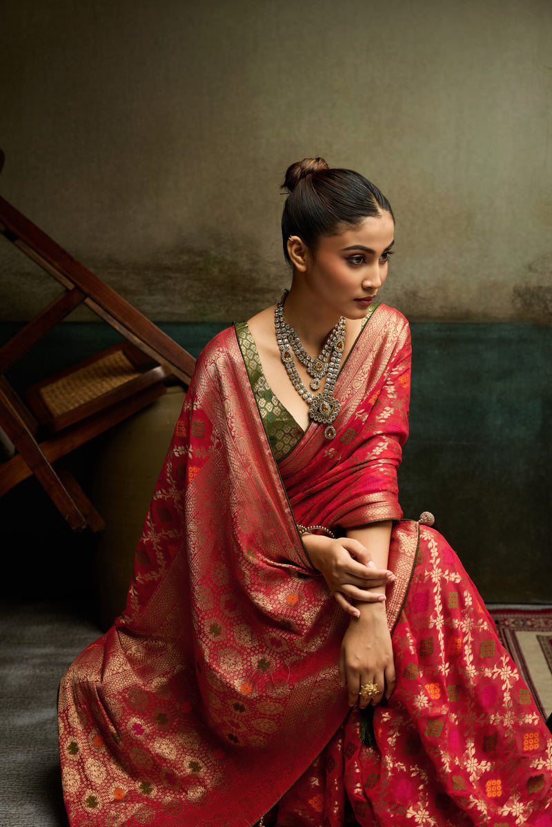 Nayoora Ruby Red Khaddi Georgette Hand-Dyed Meenakari Saree