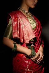 Nayoora Ruby Red Khaddi Georgette Hand-Dyed Meenakari Saree