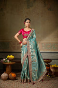 Nayoora Teal Blue Banarasi Silk Jacquard Multicolor Embroidered Saree
