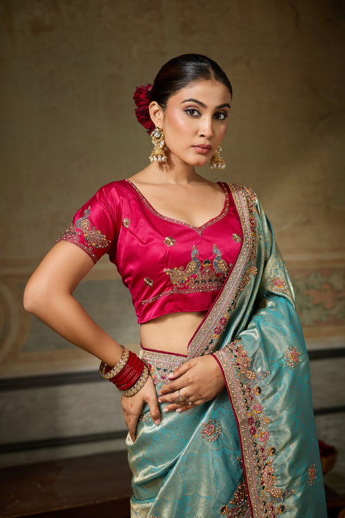 Nayoora Teal Blue Banarasi Silk Jacquard Multicolor Embroidered Saree