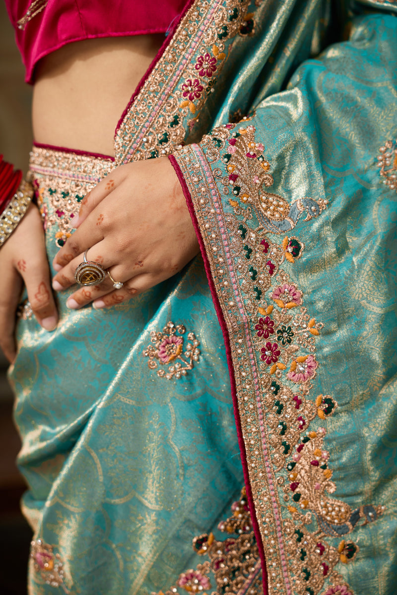 Nayoora Teal Blue Banarasi Silk Jacquard Multicolor Embroidered Saree