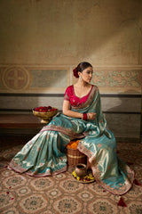 Nayoora Teal Blue Banarasi Silk Jacquard Multicolor Embroidered Saree