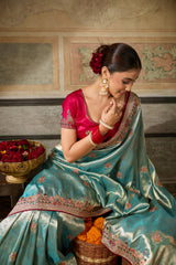 Nayoora Teal Blue Banarasi Silk Jacquard Multicolor Embroidered Saree