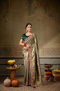 Nayoora Olive Gold Banarasi Silk Jacquard Multicolor Embroidered Saree