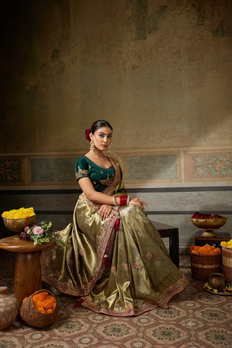 Nayoora Olive Gold Banarasi Silk Jacquard Multicolor Embroidered Saree