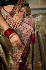 Nayoora Olive Gold Banarasi Silk Jacquard Multicolor Embroidered Saree