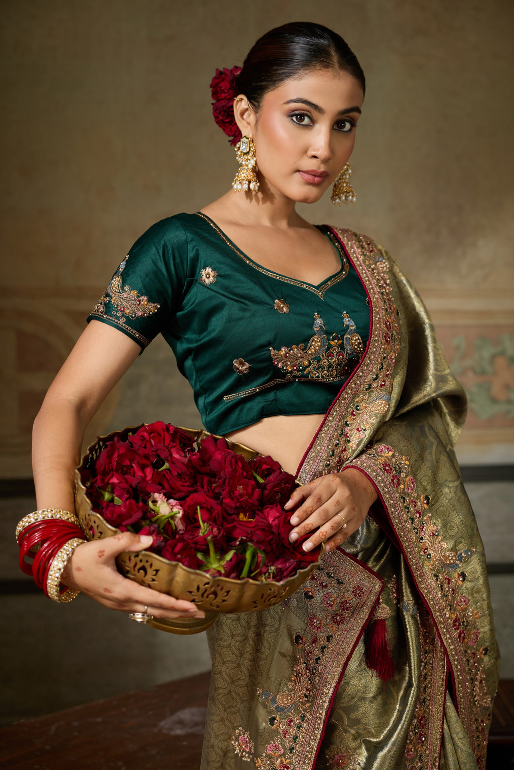 Nayoora Olive Gold Banarasi Silk Jacquard Multicolor Embroidered Saree