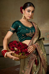 Nayoora Olive Gold Banarasi Silk Jacquard Multicolor Embroidered Saree