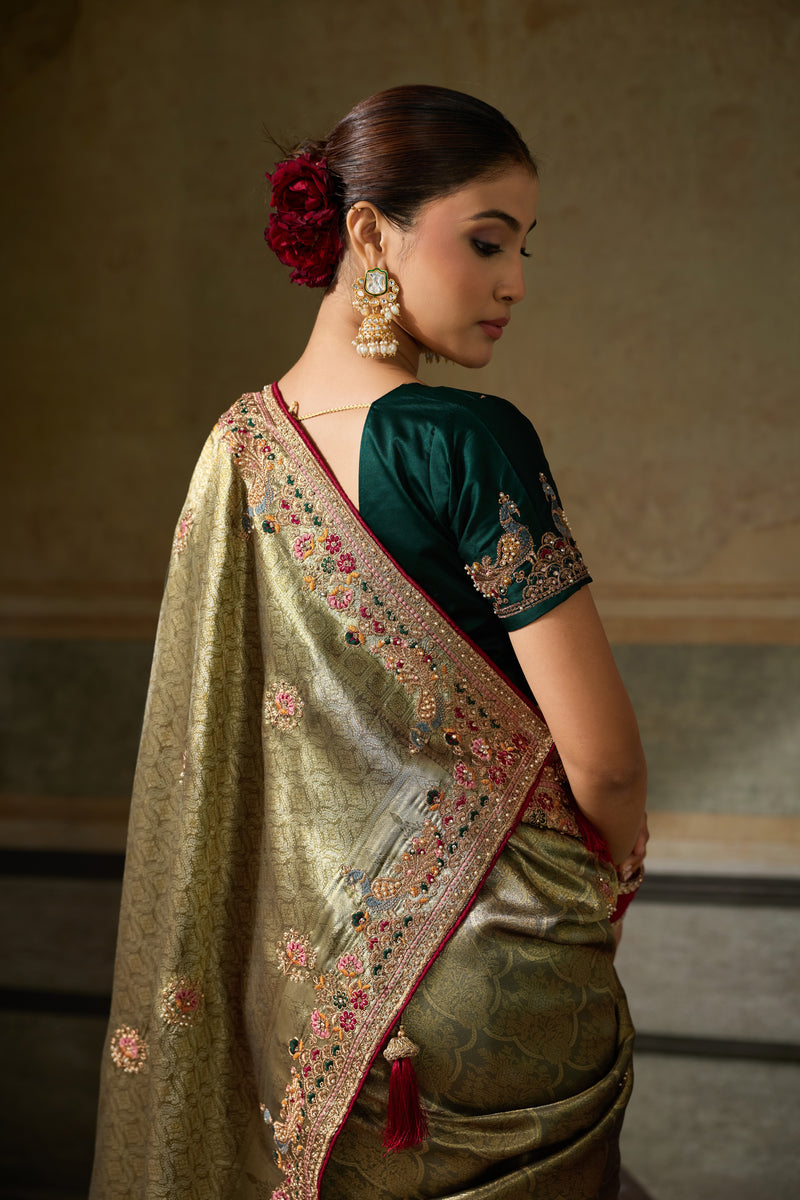 Nayoora Olive Gold Banarasi Silk Jacquard Multicolor Embroidered Saree
