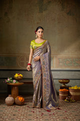 Nayoora Lavender Gold Banarasi Silk Jacquard Multicolor Embroidered Saree