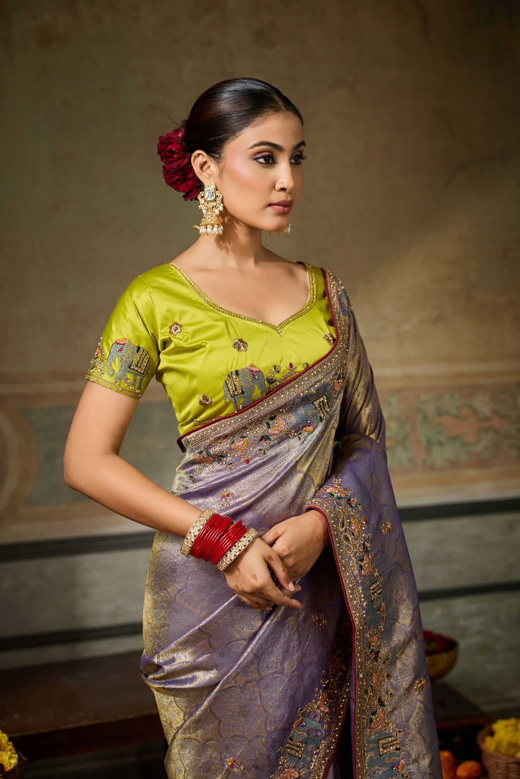 Nayoora Lavender Gold Banarasi Silk Jacquard Multicolor Embroidered Saree