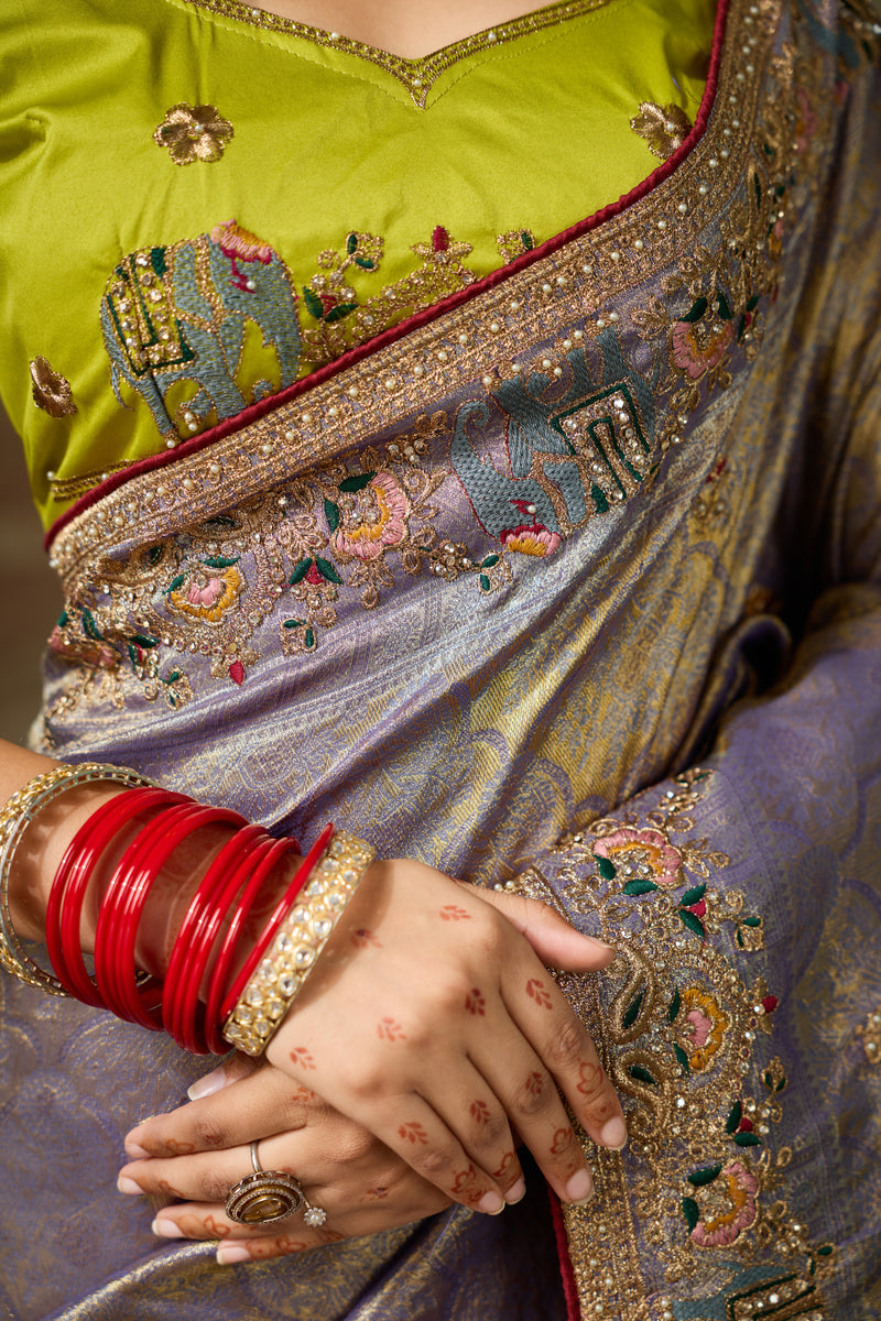 Nayoora Lavender Gold Banarasi Silk Jacquard Multicolor Embroidered Saree