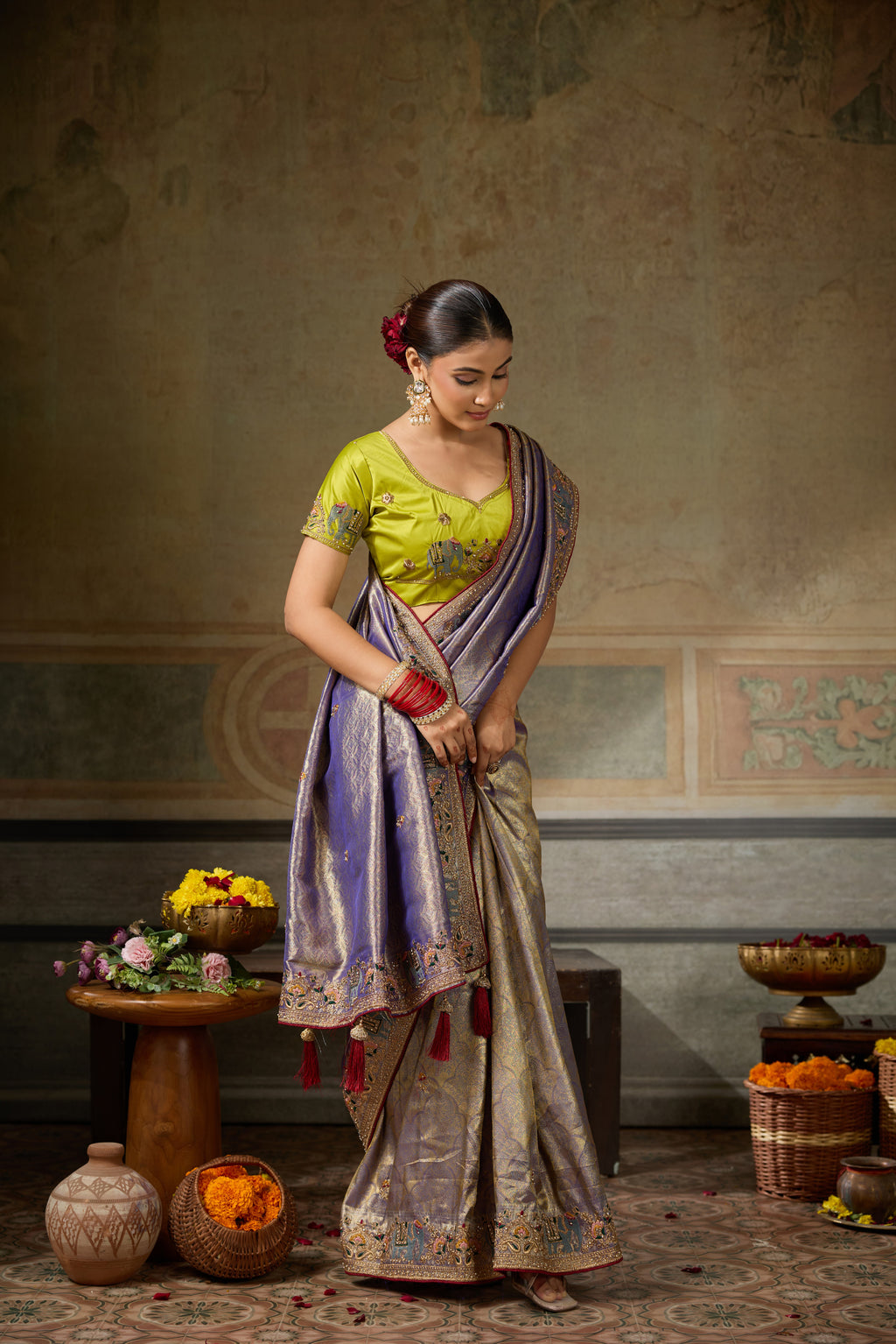 Nayoora Lavender Gold Banarasi Silk Jacquard Multicolor Embroidered Saree
