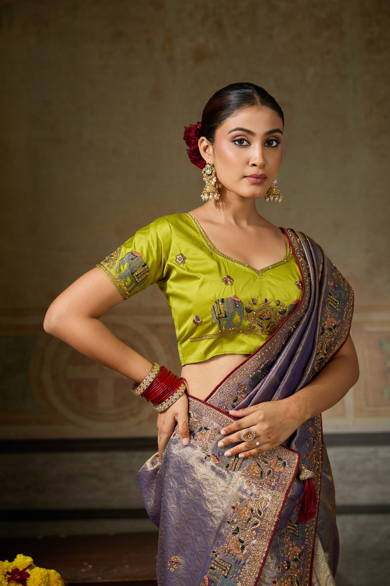 Nayoora Lavender Gold Banarasi Silk Jacquard Multicolor Embroidered Saree