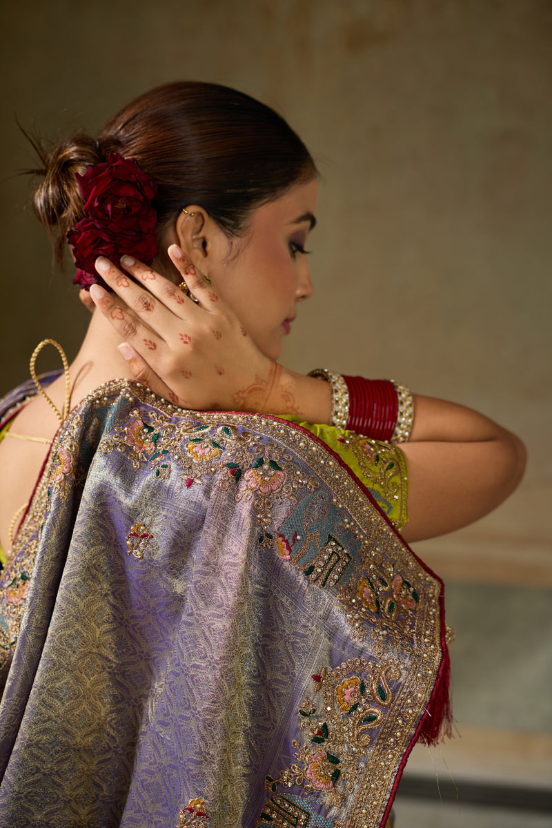 Nayoora Lavender Gold Banarasi Silk Jacquard Multicolor Embroidered Saree
