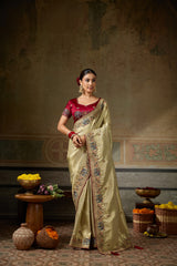 Nayoora Ivory Gold Banarasi Silk Jacquard Multicolor Embroidered Saree