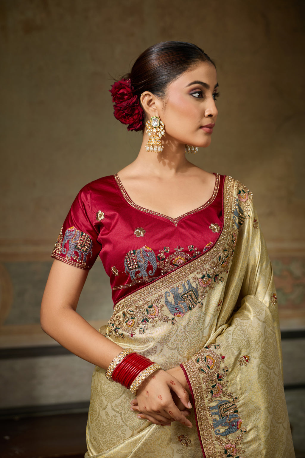 Nayoora Ivory Gold Banarasi Silk Jacquard Multicolor Embroidered Saree