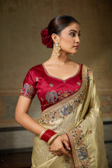 Nayoora Ivory Gold Banarasi Silk Jacquard Multicolor Embroidered Saree