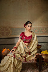 Nayoora Ivory Gold Banarasi Silk Jacquard Multicolor Embroidered Saree