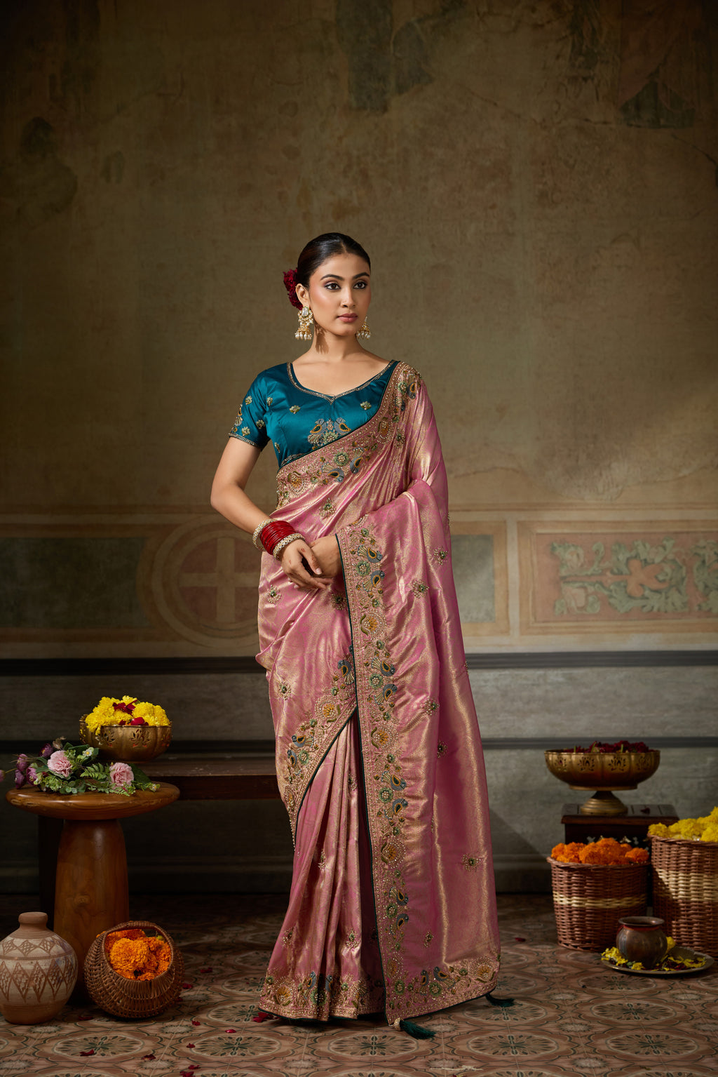 Nayoora Rose Pink Banarasi Silk Jacquard Multicolor Embroidered Saree