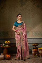 Nayoora Rose Pink Banarasi Silk Jacquard Multicolor Embroidered Saree