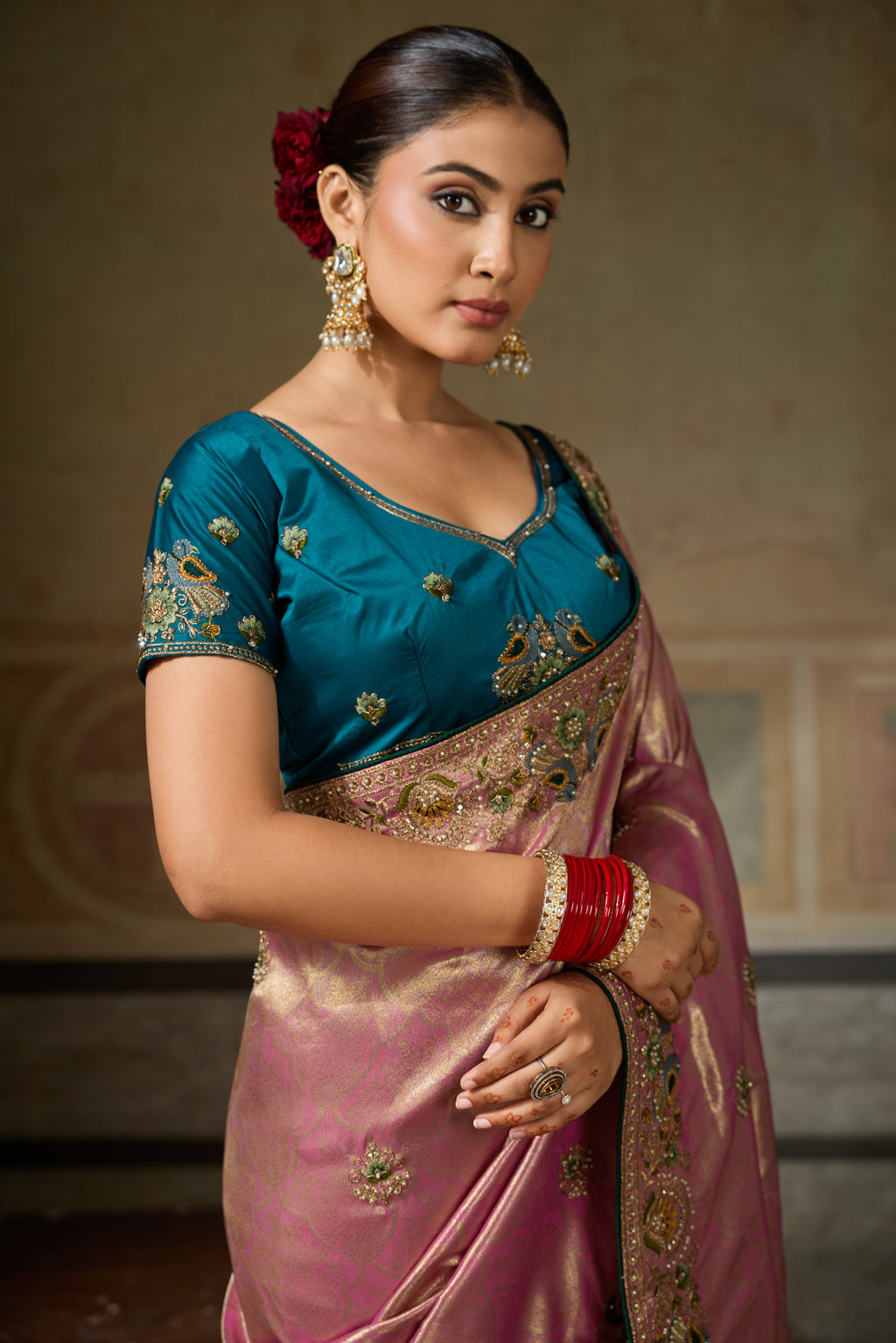 Nayoora Rose Pink Banarasi Silk Jacquard Multicolor Embroidered Saree