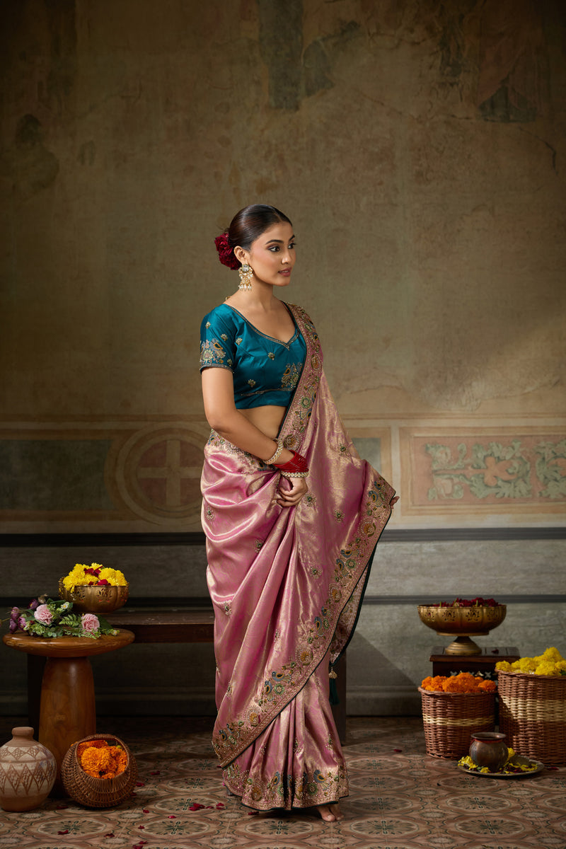 Nayoora Rose Pink Banarasi Silk Jacquard Multicolor Embroidered Saree