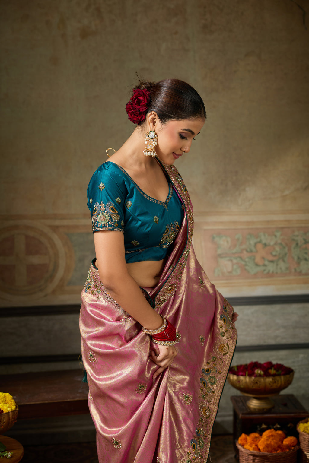 Nayoora Rose Pink Banarasi Silk Jacquard Multicolor Embroidered Saree