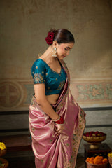 Nayoora Rose Pink Banarasi Silk Jacquard Multicolor Embroidered Saree