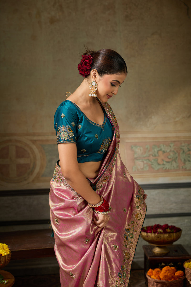 Nayoora Rose Pink Banarasi Silk Jacquard Multicolor Embroidered Saree