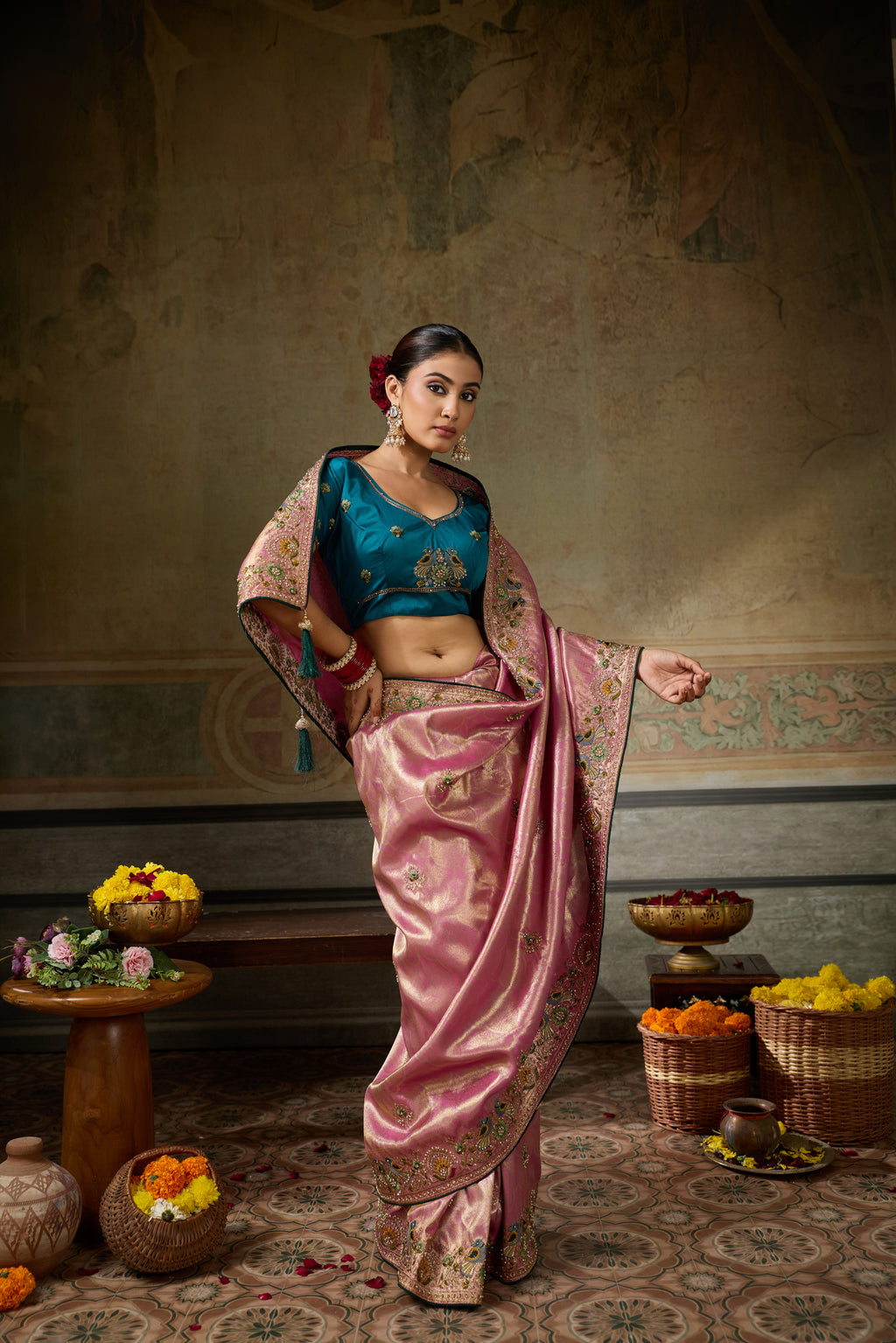 Nayoora Rose Pink Banarasi Silk Jacquard Multicolor Embroidered Saree