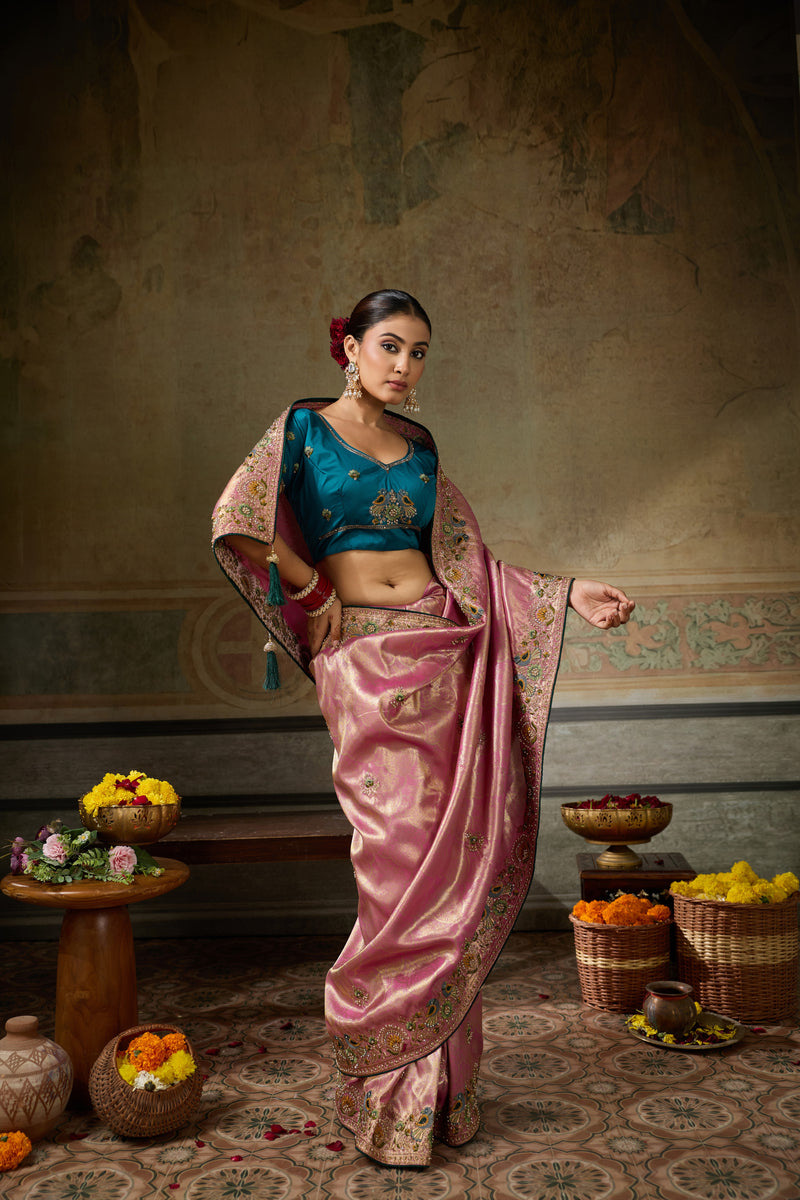 Nayoora Rose Pink Banarasi Silk Jacquard Multicolor Embroidered Saree