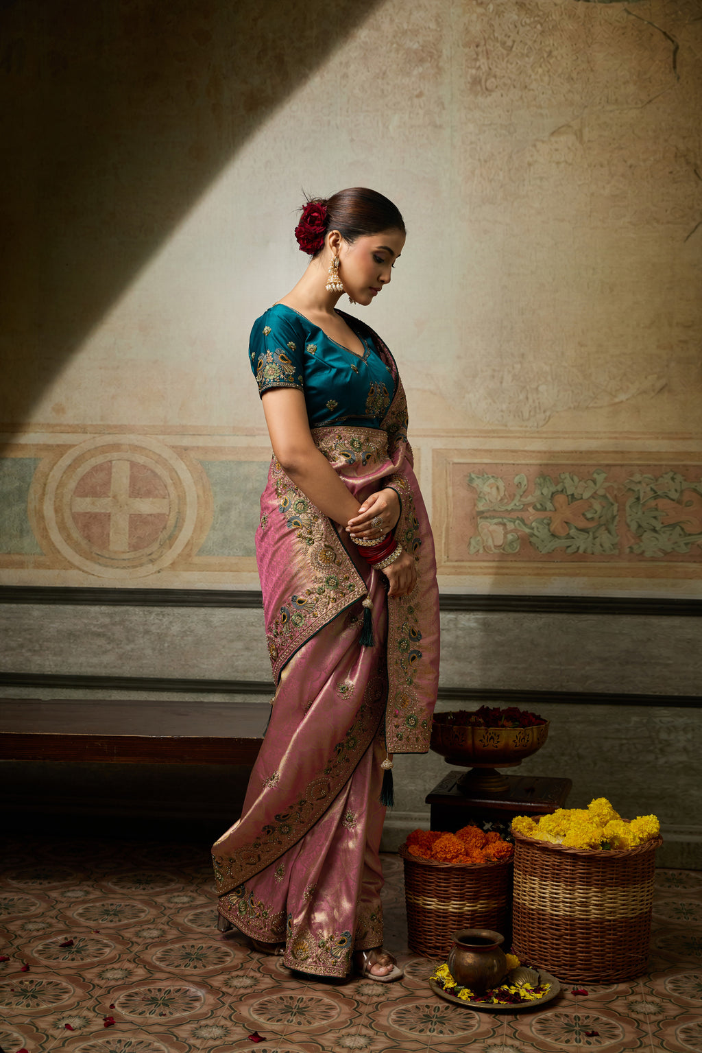 Nayoora Rose Pink Banarasi Silk Jacquard Multicolor Embroidered Saree