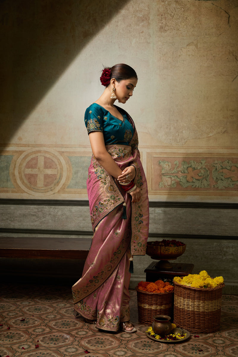 Nayoora Rose Pink Banarasi Silk Jacquard Multicolor Embroidered Saree