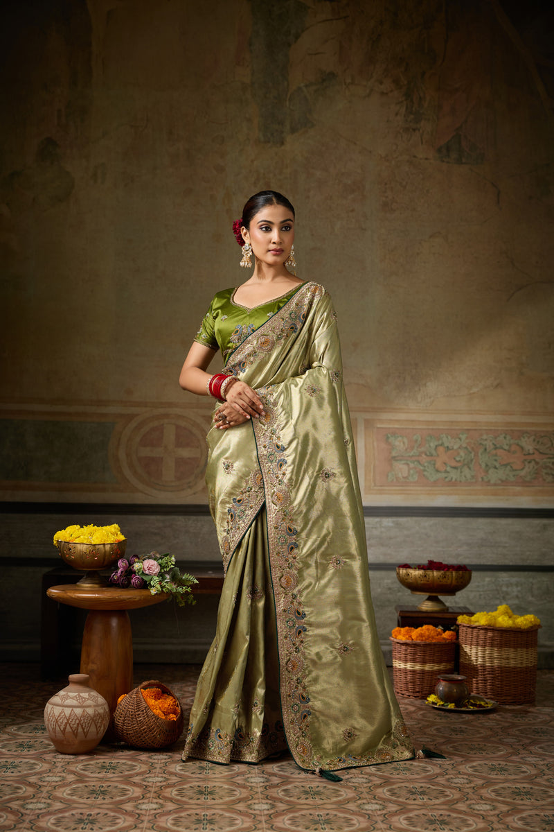 Nayoora Olive Green Banarasi Silk Jacquard Multicolor Embroidered Saree