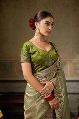 Nayoora Olive Green Banarasi Silk Jacquard Multicolor Embroidered Saree