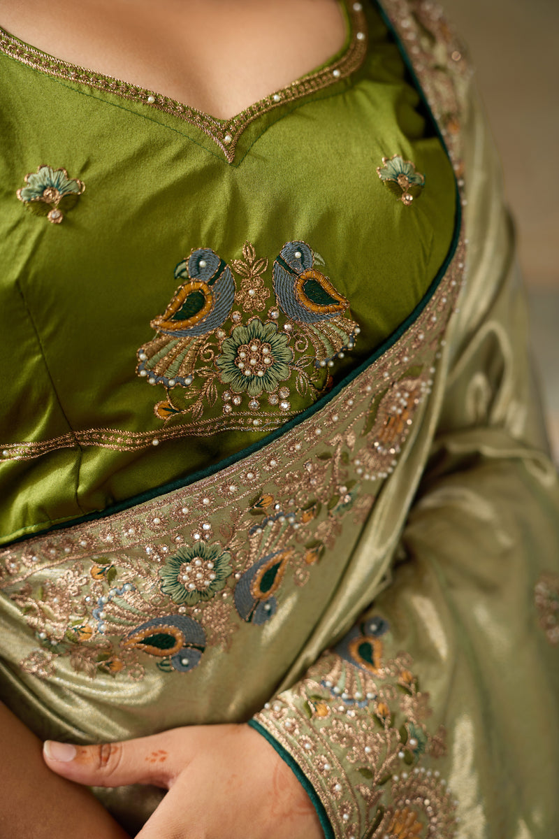 Nayoora Olive Green Banarasi Silk Jacquard Multicolor Embroidered Saree