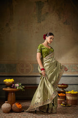 Nayoora Olive Green Banarasi Silk Jacquard Multicolor Embroidered Saree