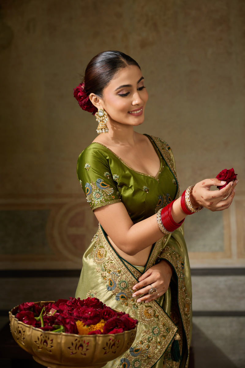 Nayoora Olive Green Banarasi Silk Jacquard Multicolor Embroidered Saree