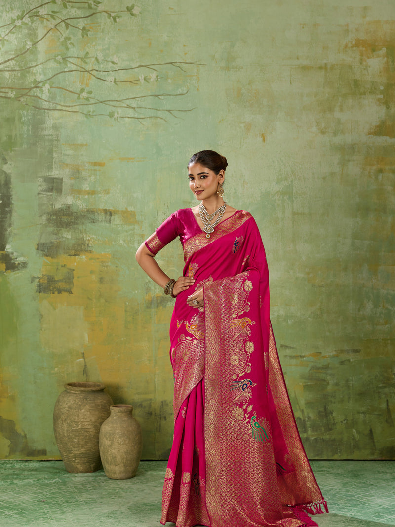 Nayoora Fuchsia Pink Banarasi Silk Saree with Zari Peacock Motifs