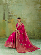 Nayoora Fuchsia Pink Banarasi Silk Saree with Zari Peacock Motifs
