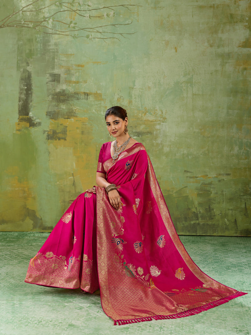 Nayoora Fuchsia Pink Banarasi Silk Saree with Zari Peacock Motifs